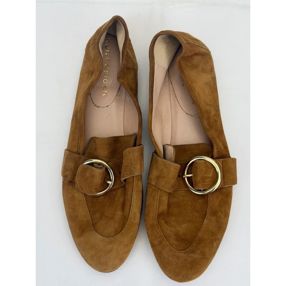 Kurt Geiger Loafers Women 38 Brown Suede Gold Buckle Made in Italy Preppy